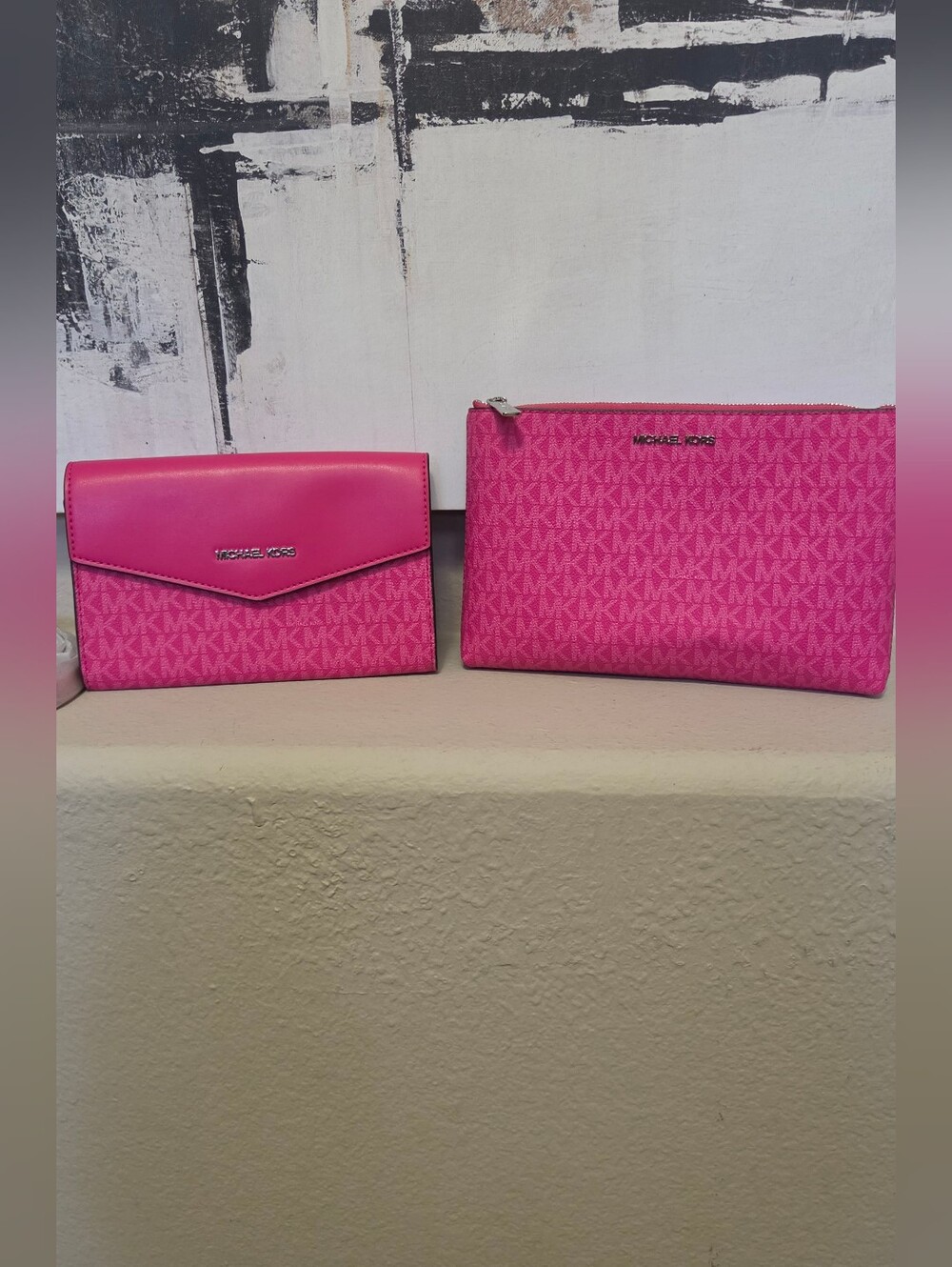 Michael Kors Hot Pink MK Logo Pouch & Envelope Wallet Set Preloved Bundle